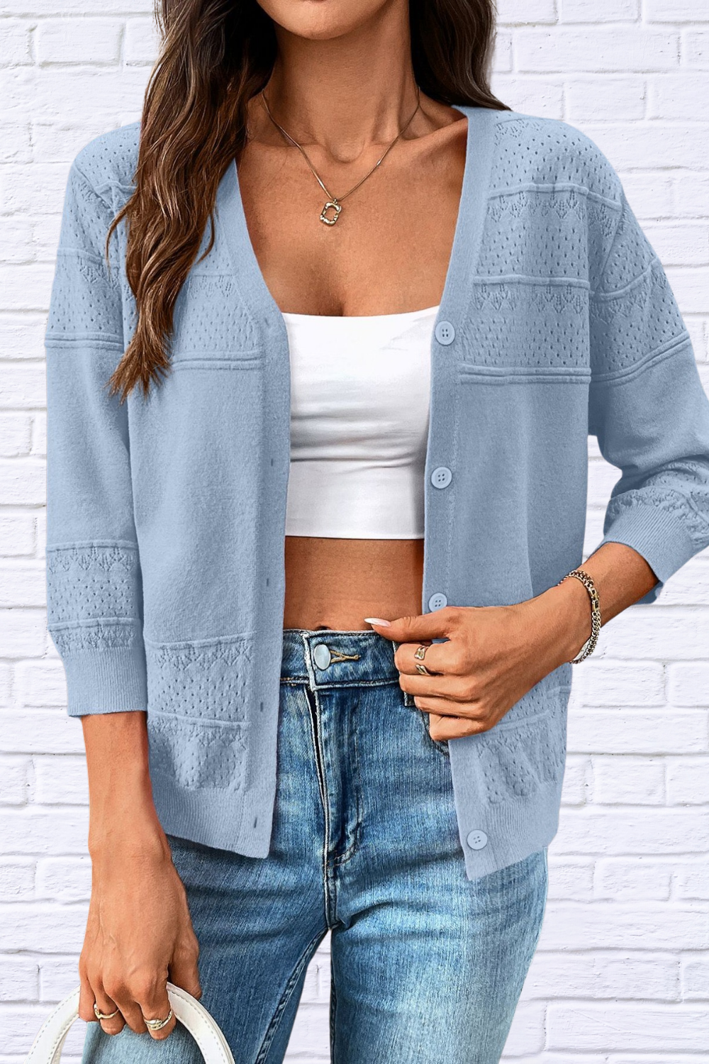 Textured Button-Front Cardigan with 3/4 Sleeves