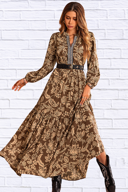 Taupe Ruched Printed Notched Long Sleeve Maxi Dress