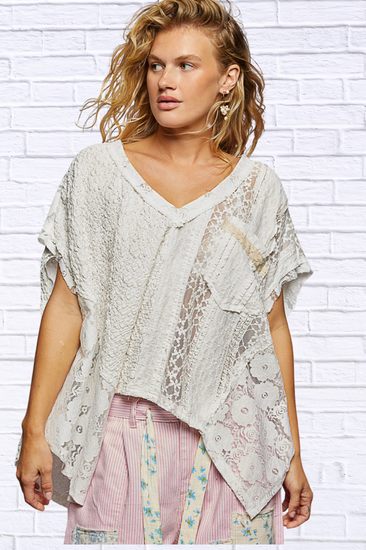 POL Asymmetrical V-Neck Short Sleeve Lace Top