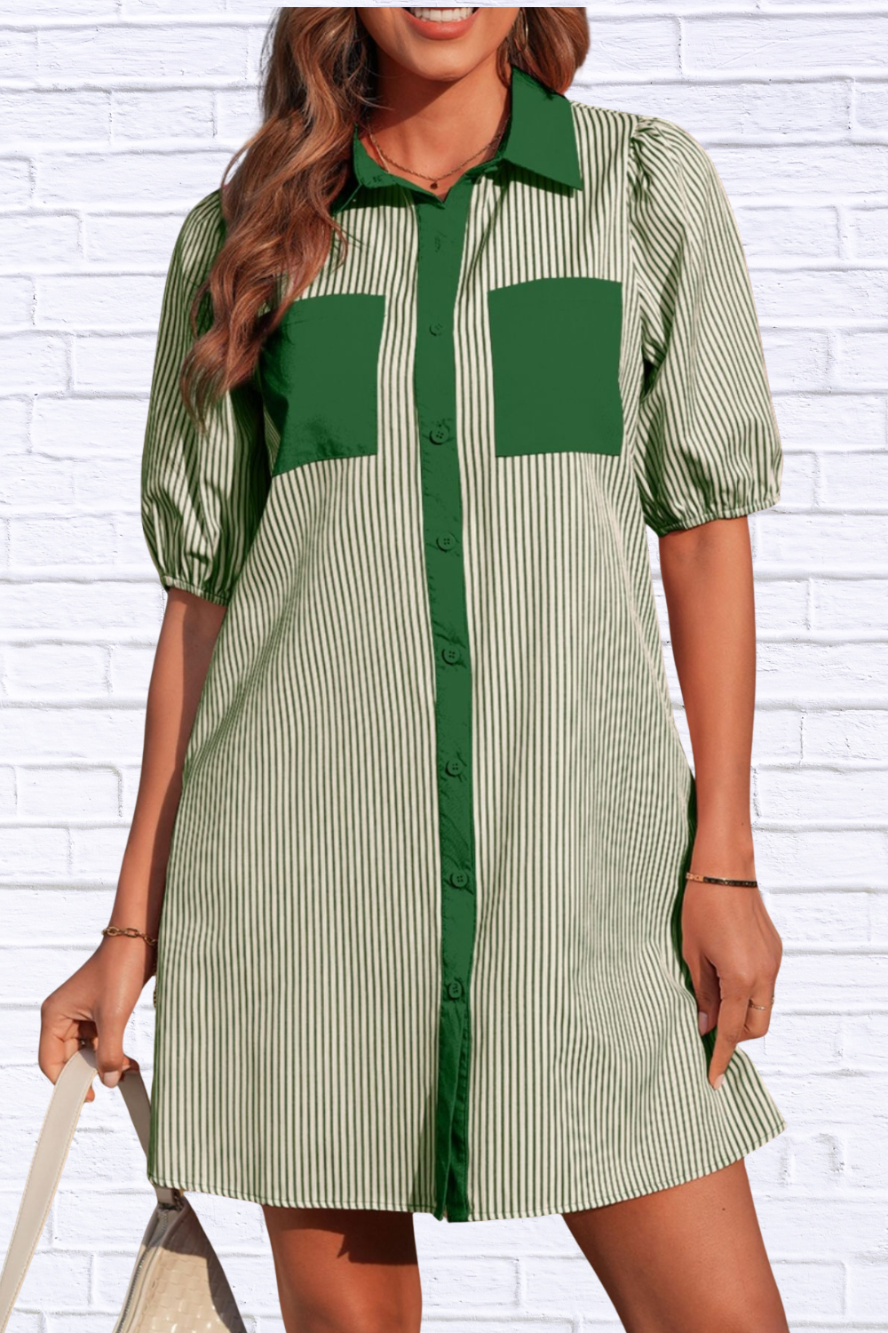 Stripe Color Block Patchwork Shirt Collar Button Down Puff Sleeve Mini Dress