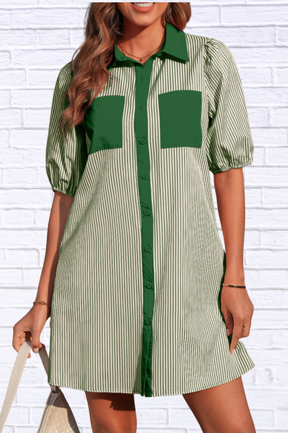 Stripe Color Block Patchwork Shirt Collar Button Down Puff Sleeve Mini Dress