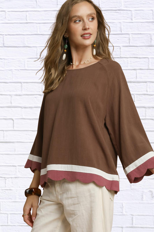 Umgee Scalloped Hem Color Block Top