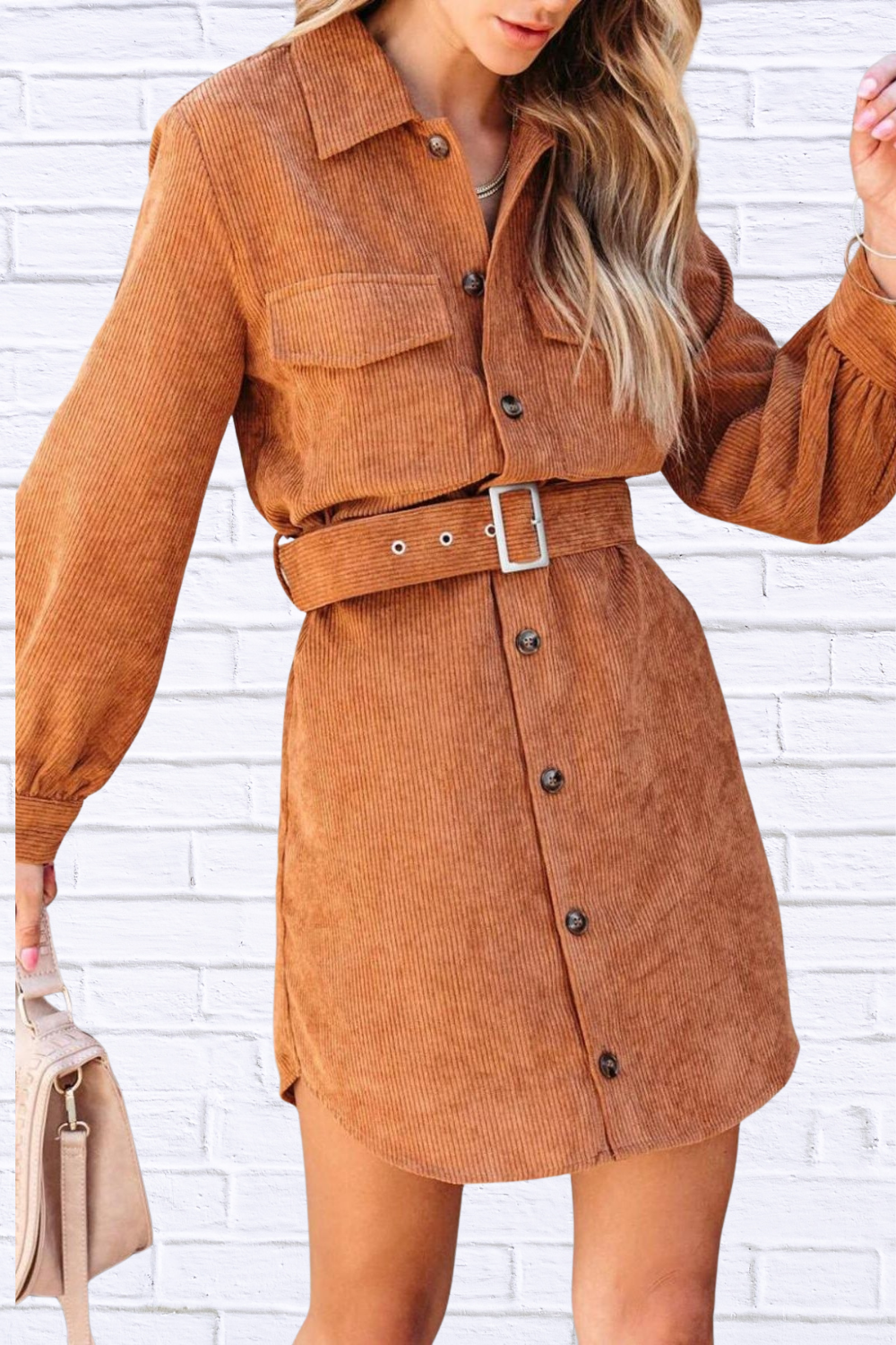 Button Front Belt Long Sleeve Corduroy Dress