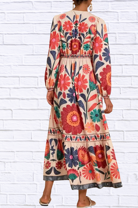Floral Tie Waist Long Sleeve Dress