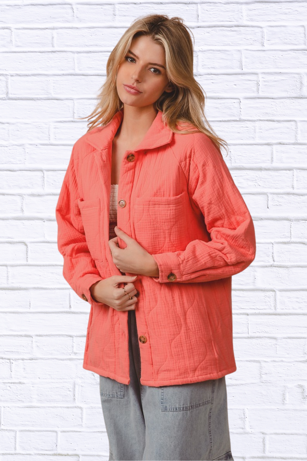 BiBi Quilted Wrinkle Gauze Long Sleeve Shacket