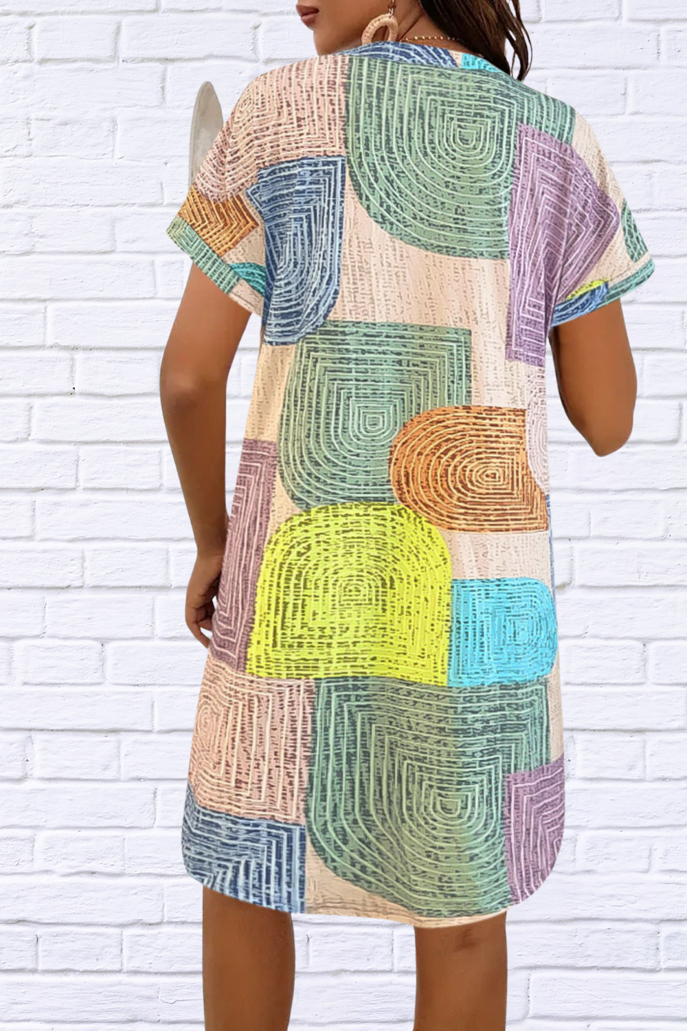 Geometric V-Neck Short Sleeve Button-Front Dress