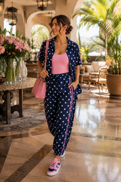 Navy Polka Dot Two Piece Set with Pink Stripe Detail