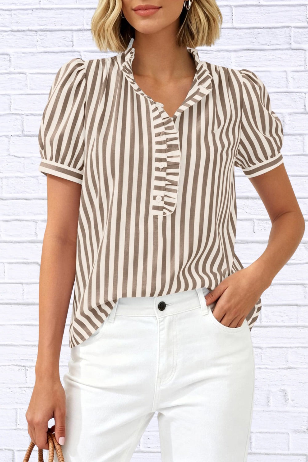 Frill Striped Puff Sleeve Blouse | Chic Women’s Top