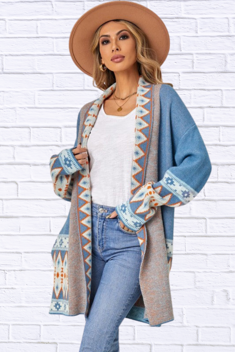 Aztec Print Open Front Knitted Cardigan
