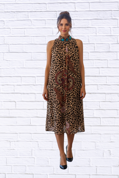 Animal and Paisley Print Sleeveless Maxi Dress – High Neck Bow Detail Flowy Woven Dress