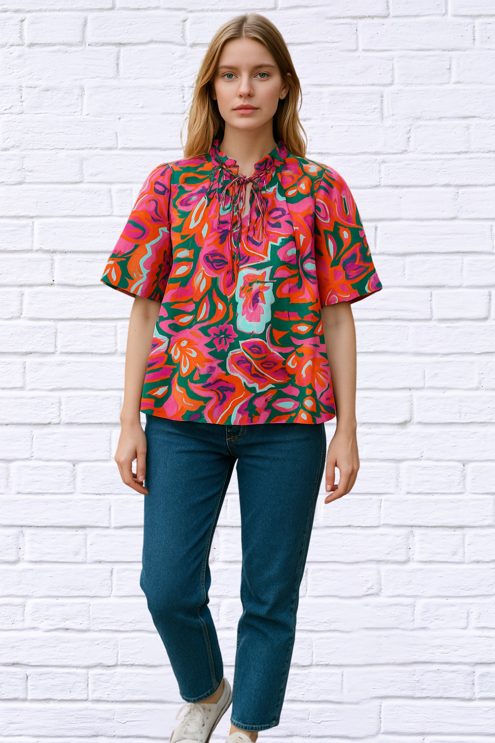 Tropical Print Short Sleeve Tie Neck Blouse – Multicolor