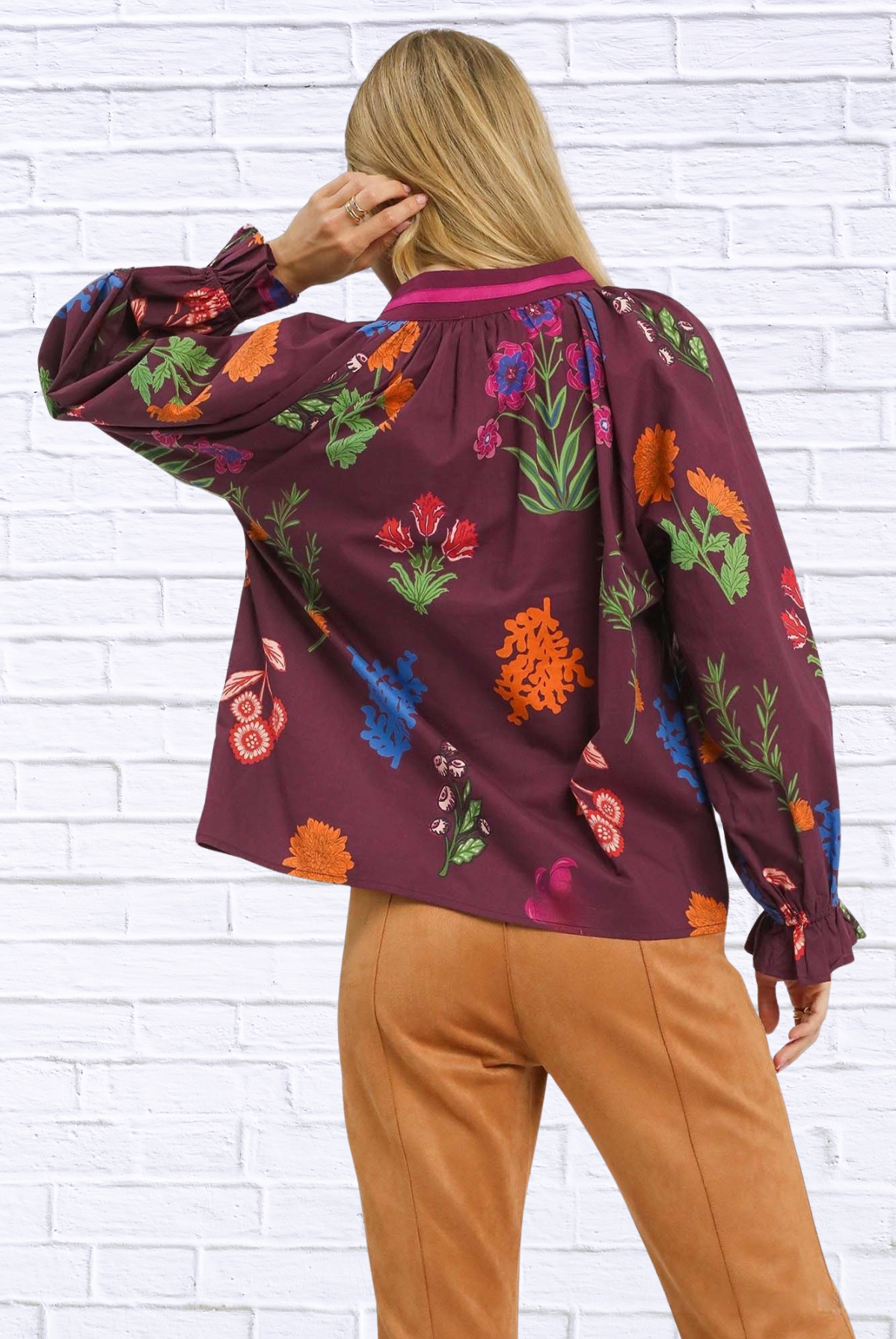 Umgee Floral Print Flounce Sleeve Blouse