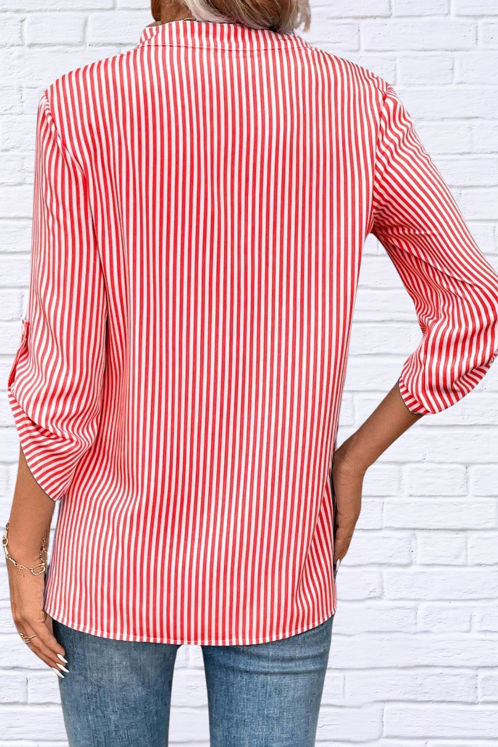 Striped Notched Roll-Tab Sleeve Shirt