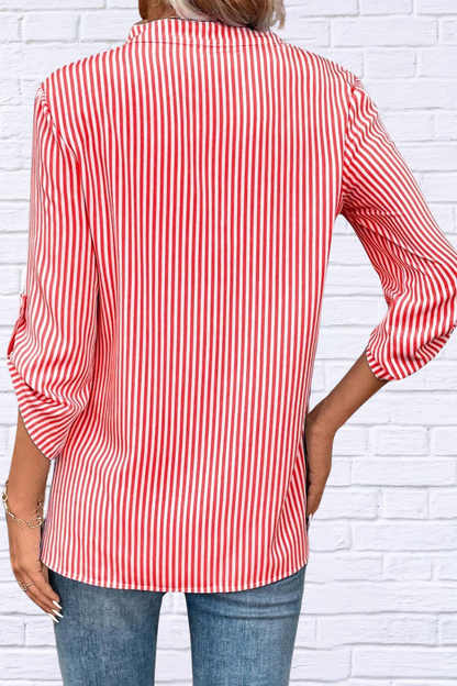 Striped Notched Roll-Tab Sleeve Shirt