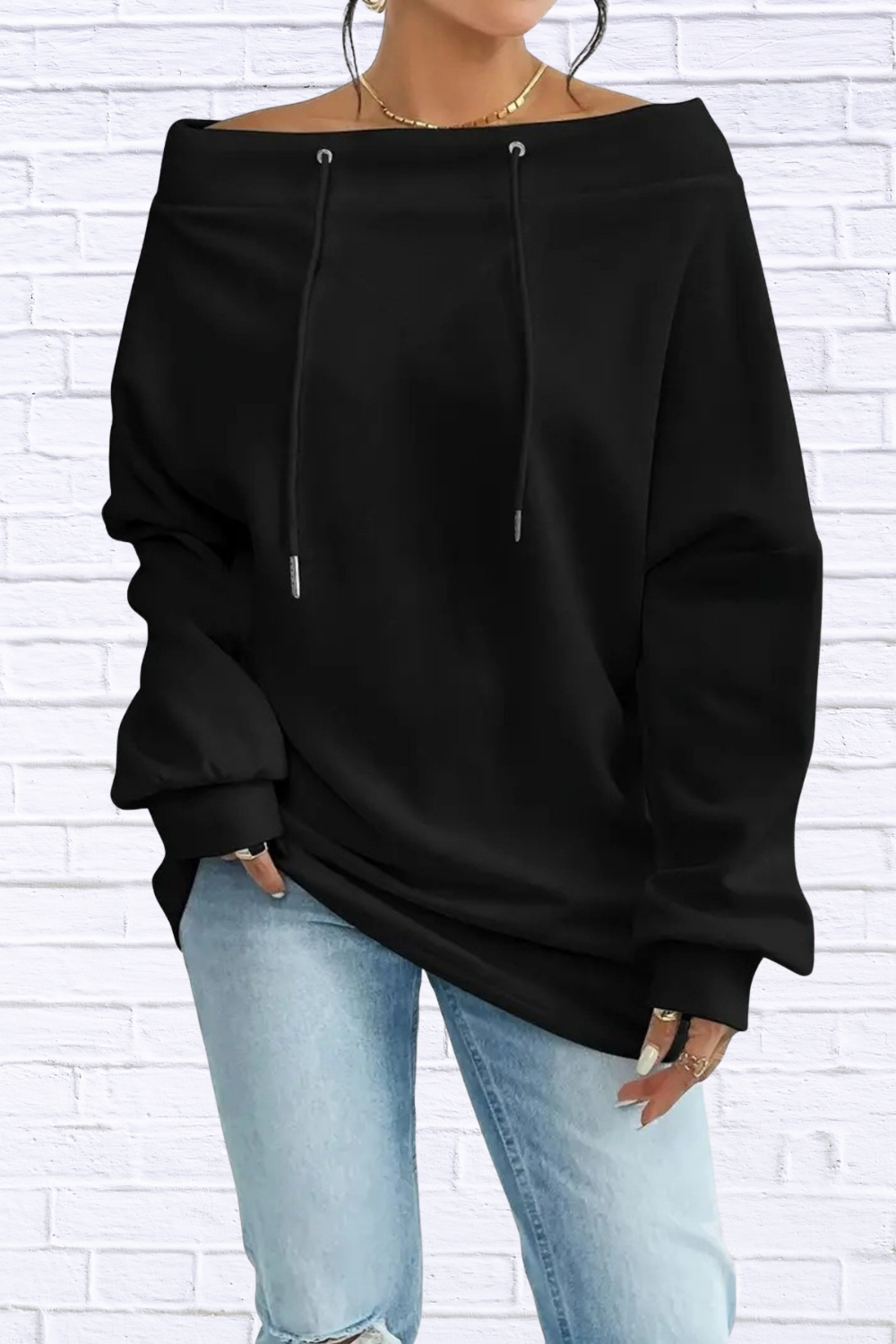 Off-Shoulder Drawstring Sweatshirt