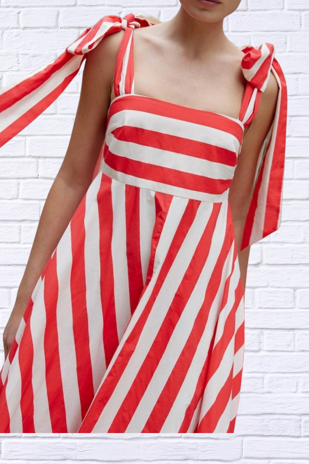 Striped Red And White Square Neck Wide Strap Dress