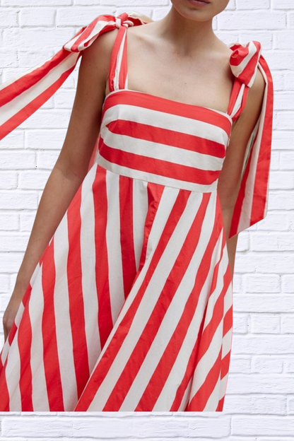 Striped Red And White Square Neck Wide Strap Dress