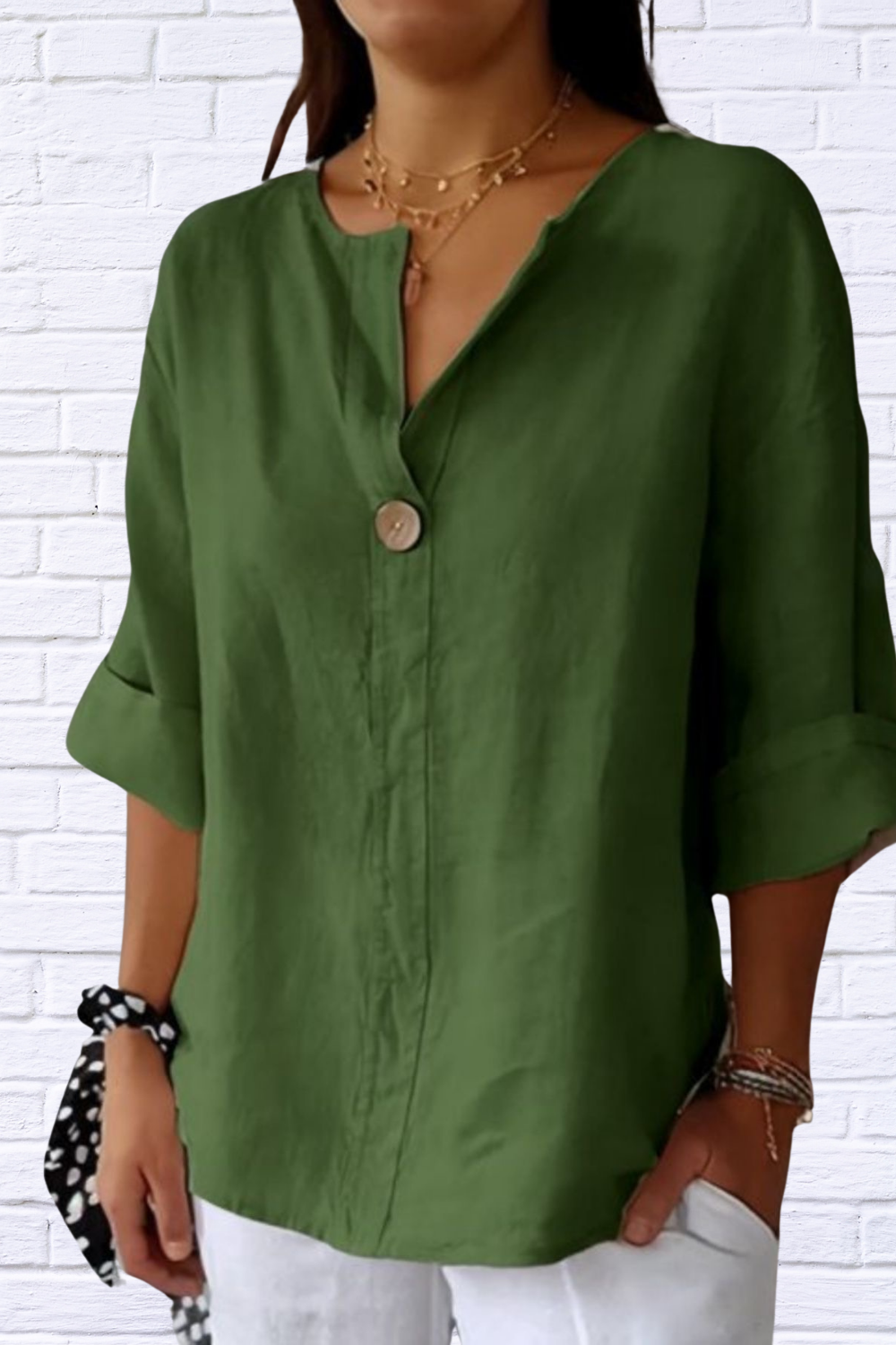 Full Size Linen Blend Notched Blouse Plus Size
