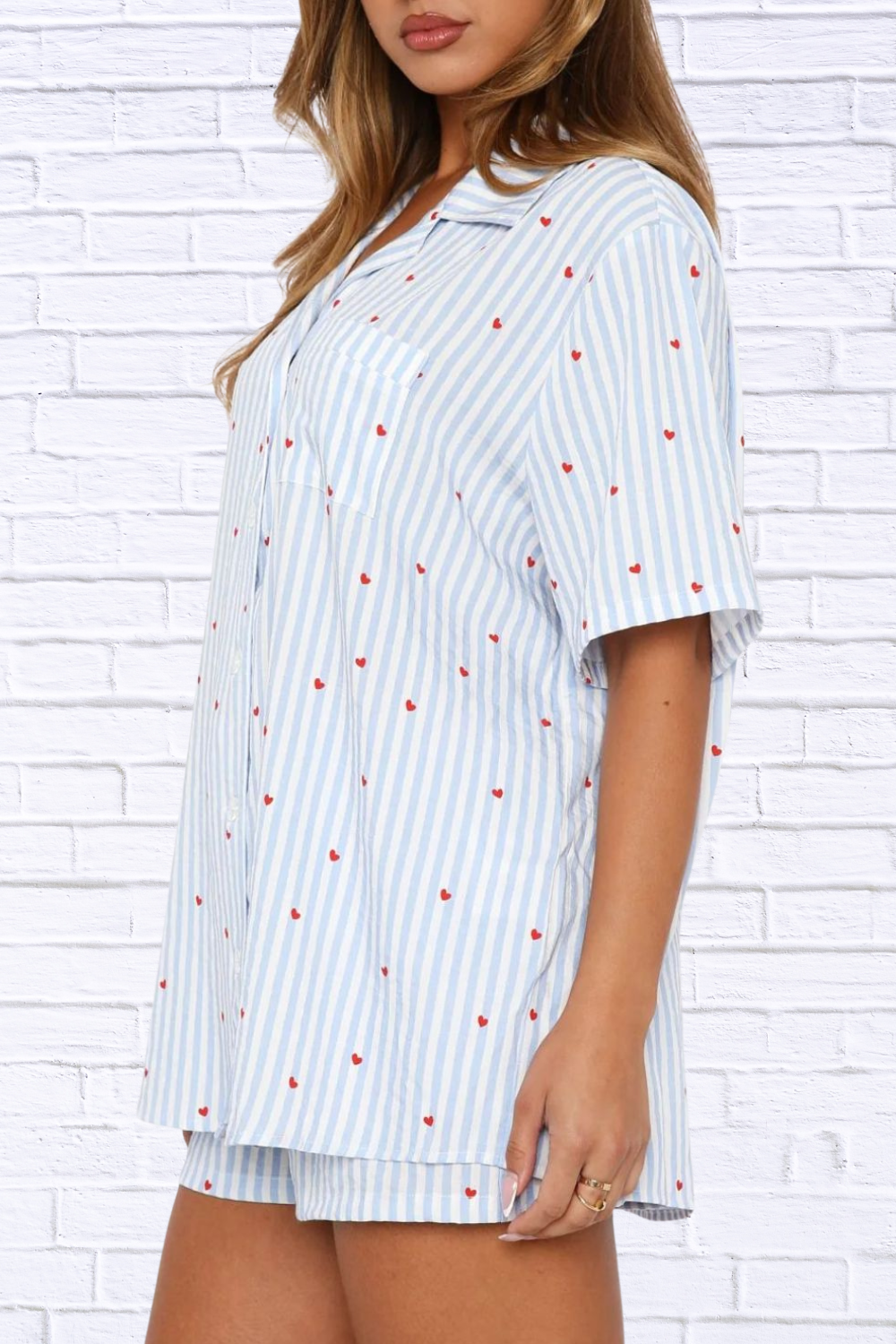 Valentine's Day Printed Collared Neck Short Sleeve Top and Shorts Set