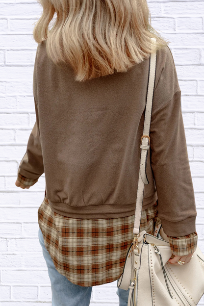 Drawstring Plaid Turtleneck Long Sleeve Top