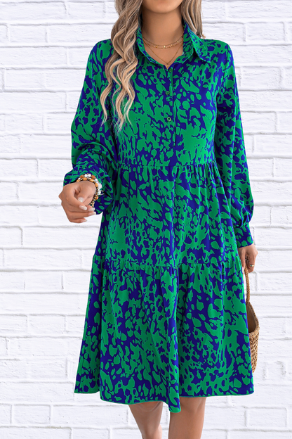 Printed Collared Neck Buttoned Tiered Long Sleeve Dress