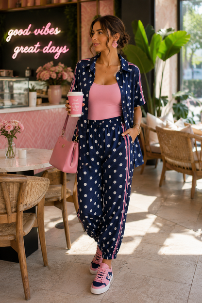 Navy Polka Dot Two Piece Set with Pink Stripe Detail