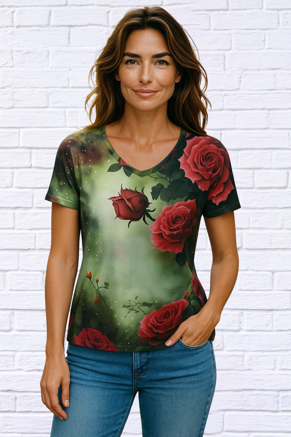 Vibrant Floral Print Short Sleeve V Neck T-Shirt