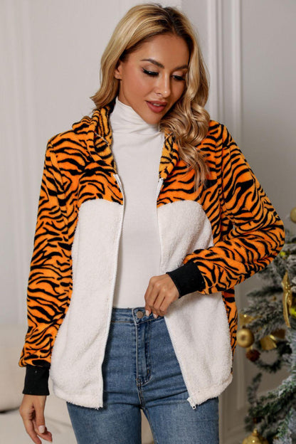 Blue Zone Planet | Animal Print Zip-Up Hooded Flannel Jacket