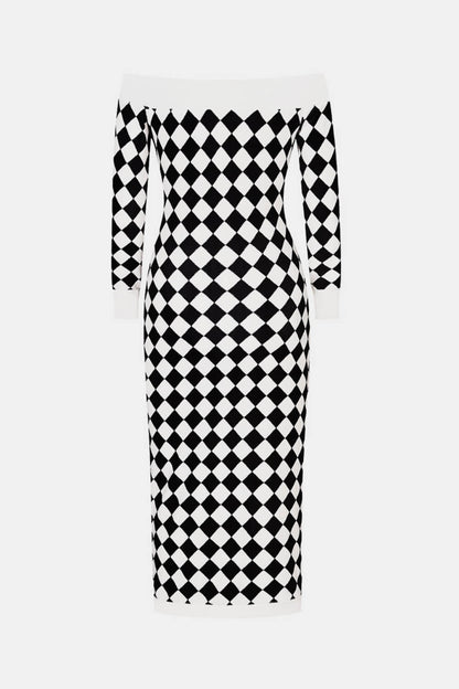 Blue Zone Planet | Argyle Off-Shoulder Slit Plush Midi Dress