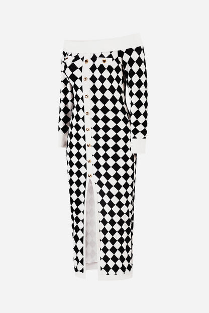 Blue Zone Planet | Argyle Off-Shoulder Slit Plush Midi Dress