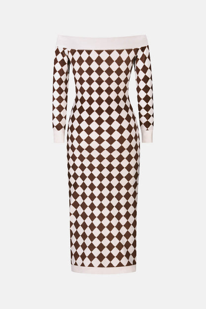 Blue Zone Planet | Argyle Off-Shoulder Slit Plush Midi Dress