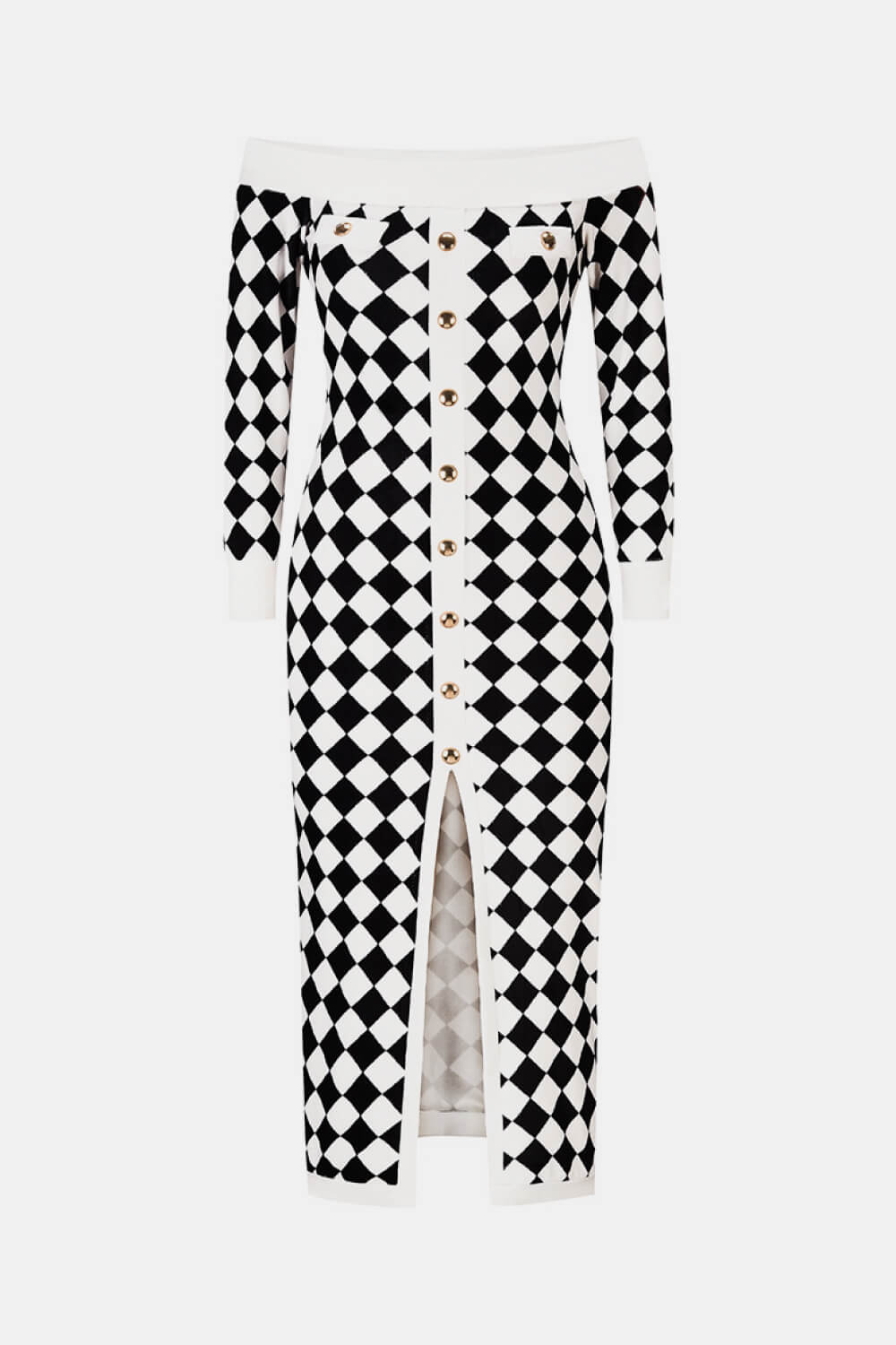 Blue Zone Planet | Argyle Off-Shoulder Slit Plush Midi Dress