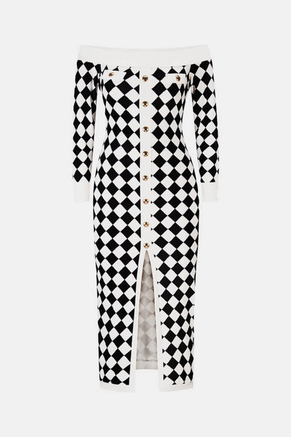 Blue Zone Planet | Argyle Off-Shoulder Slit Plush Midi Dress