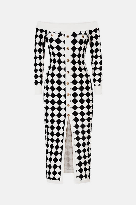 Blue Zone Planet | Argyle Off-Shoulder Slit Plush Midi Dress