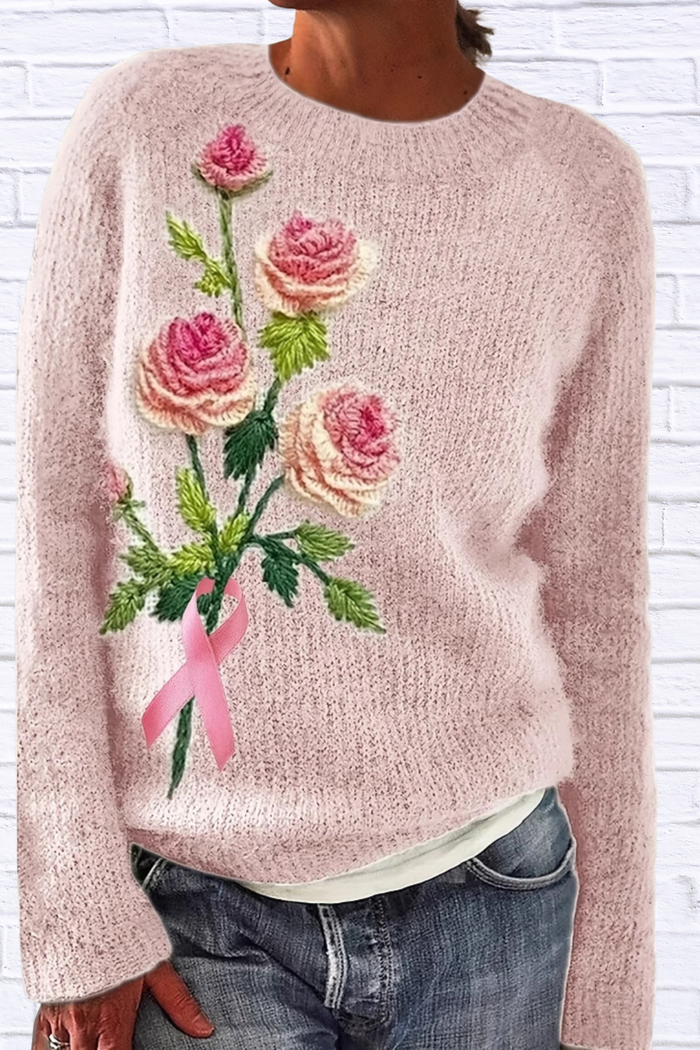 Flower Round Neck Long Sleeve Sweater