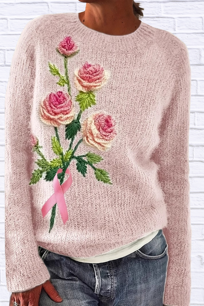 Flower Round Neck Long Sleeve Sweater