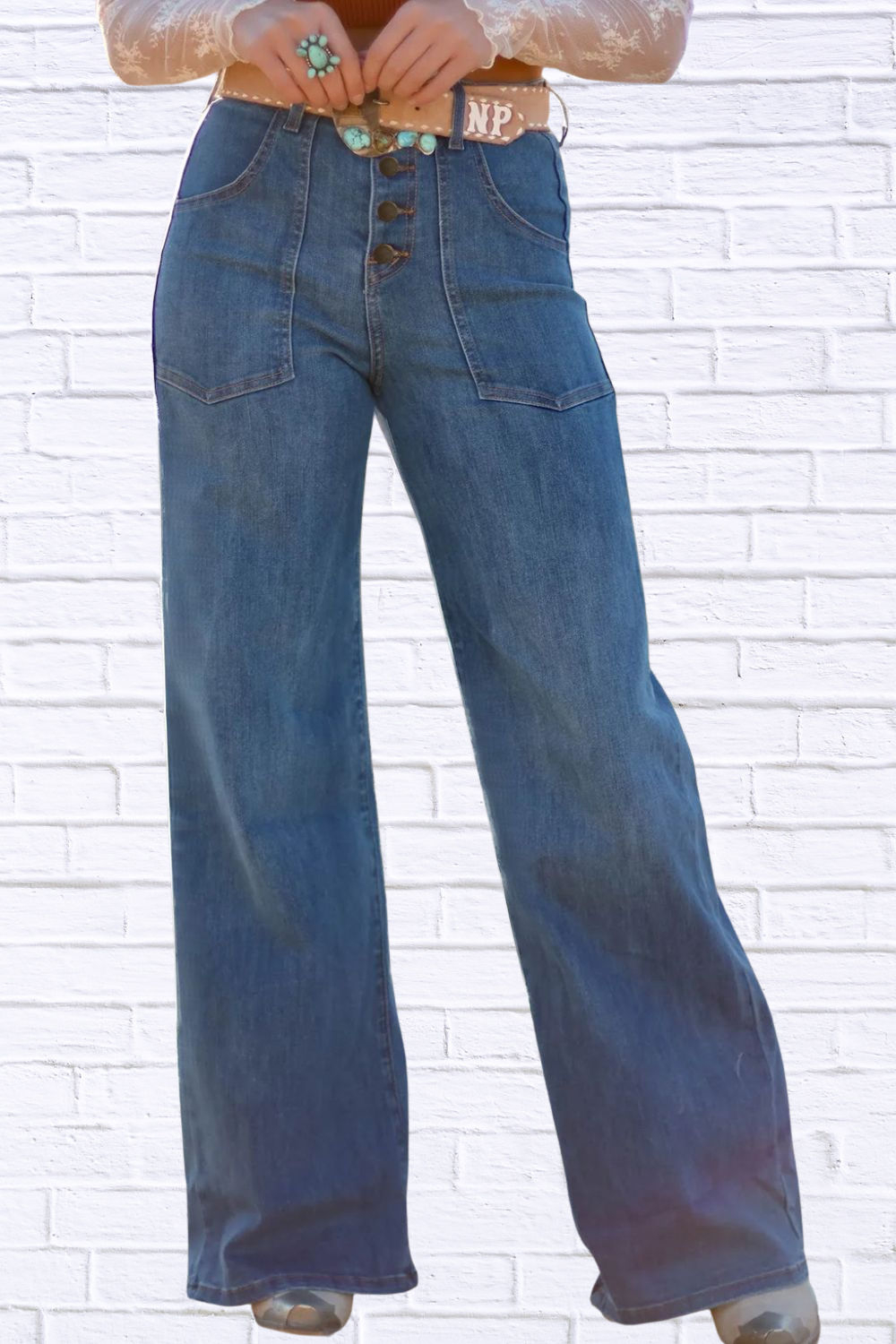 High-Waisted Wide-Leg Button-Front Jeans