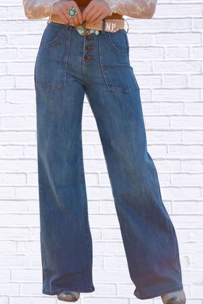High-Waisted Wide-Leg Button-Front Jeans