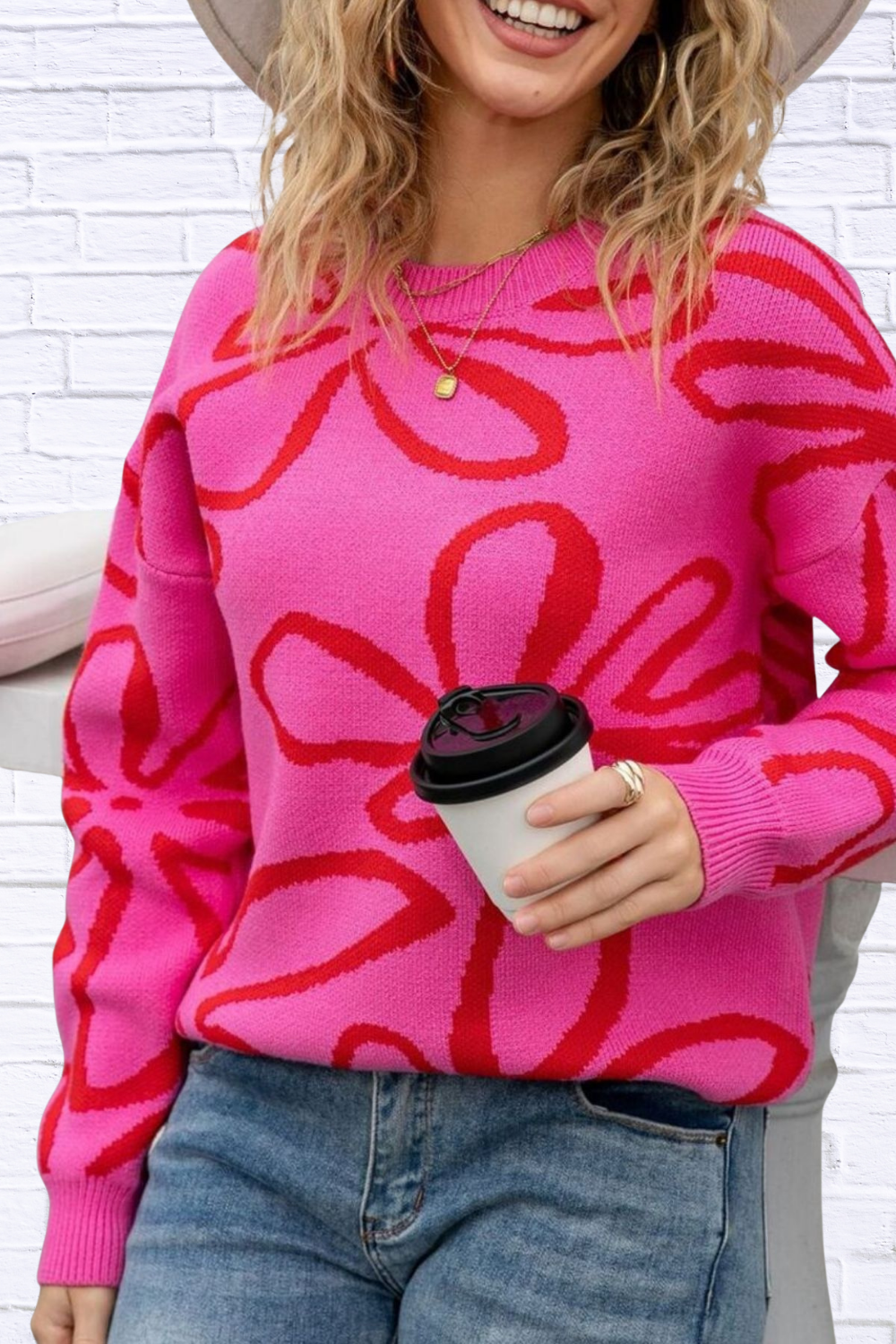 Flower Crew Neck Long Sleeve Sweater