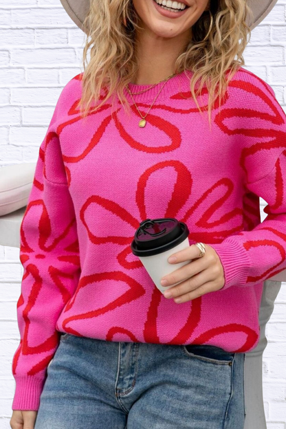 Flower Crew Neck Long Sleeve Sweater