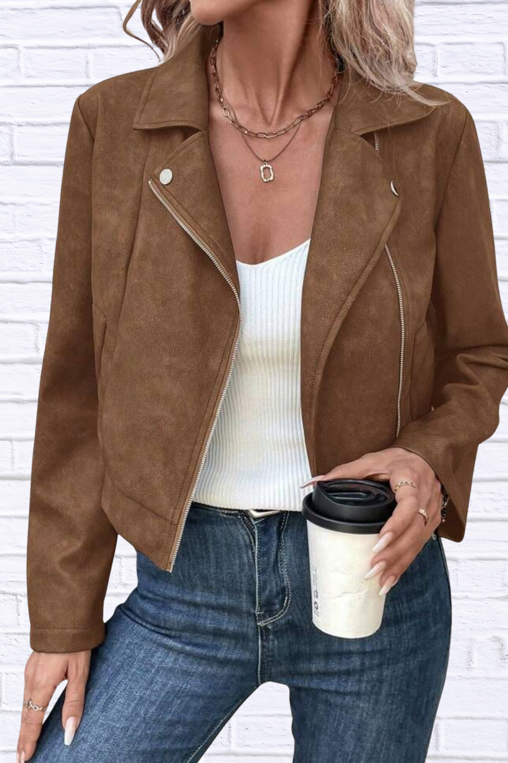 Zip Up Suede Cropped Moto Jacket