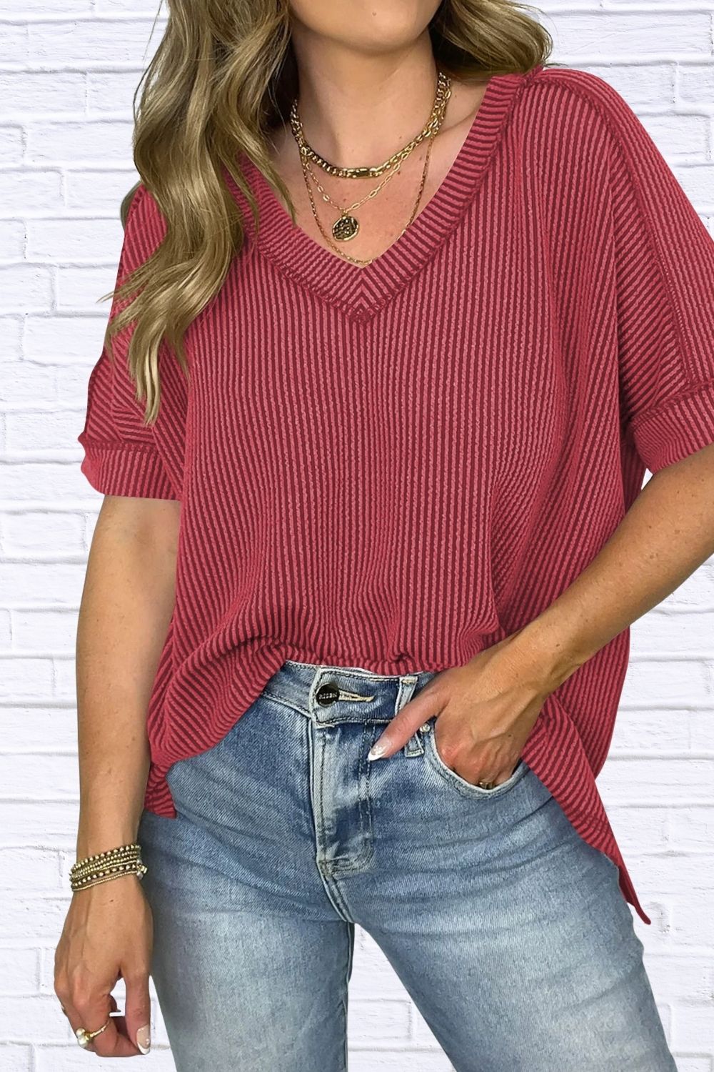 Cord Ribbed V-Neck Short Sleeve T-Shirt for Women