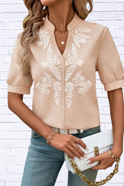Embroidered Notched Neck Blouse for Women | Black Short Sleeve Floral