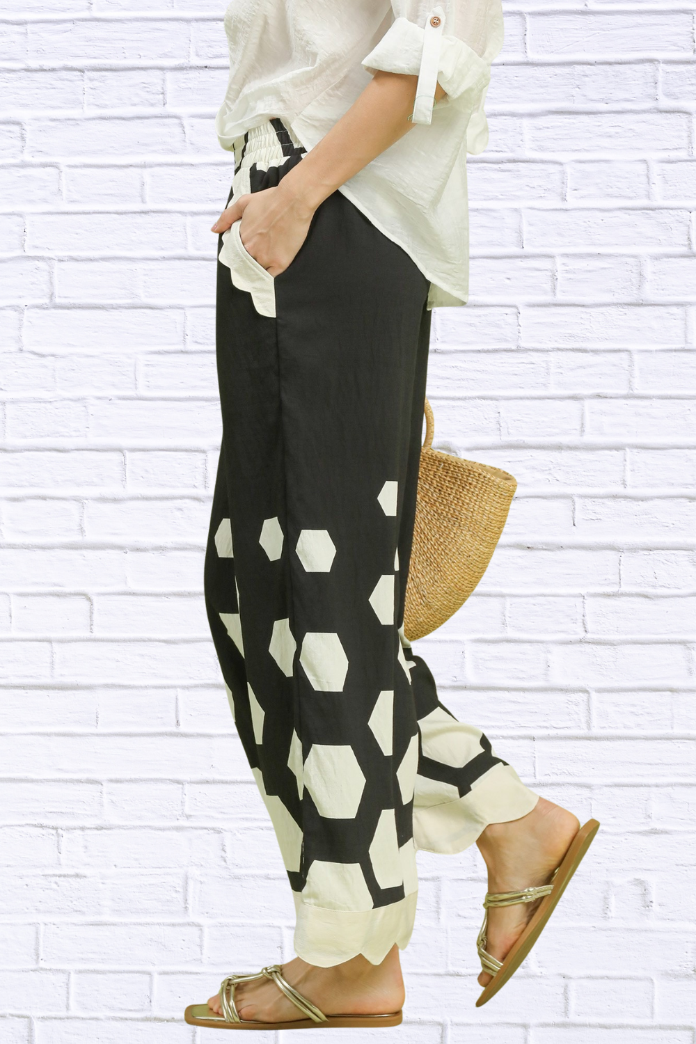 Umgee Hexagon Print Wide Leg Pants with Scalloped Hem