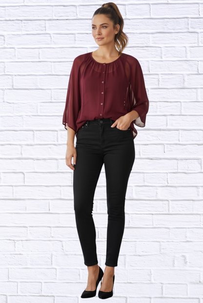 Sheer Chiffon Button-Front Blouse – Lightweight 3/4 Sleeve Top with Layered Tank Look