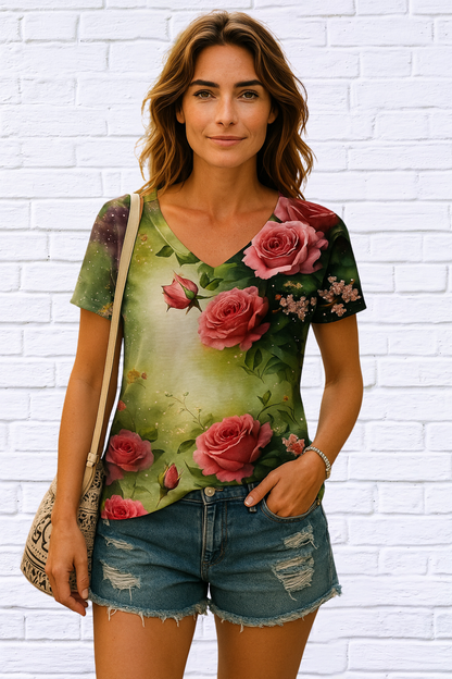 Vibrant Floral Print Short Sleeve V Neck T-Shirt