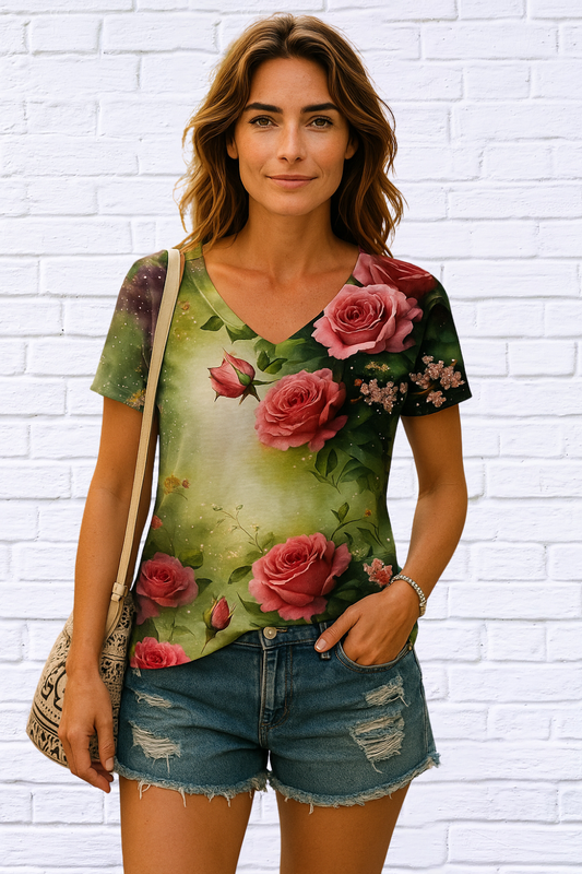 Vibrant Floral Print Short Sleeve V Neck T-Shirt