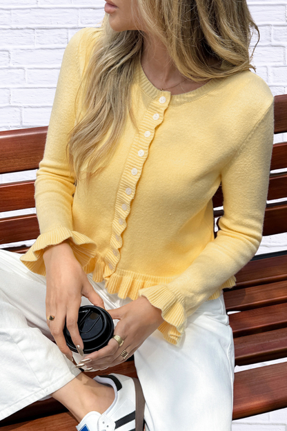 Ruffled Trim Button-Up Knit Cardigan