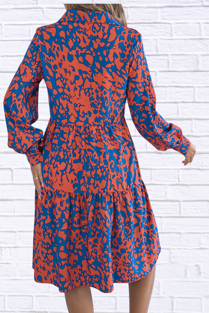 Printed Collared Neck Buttoned Tiered Long Sleeve Dress
