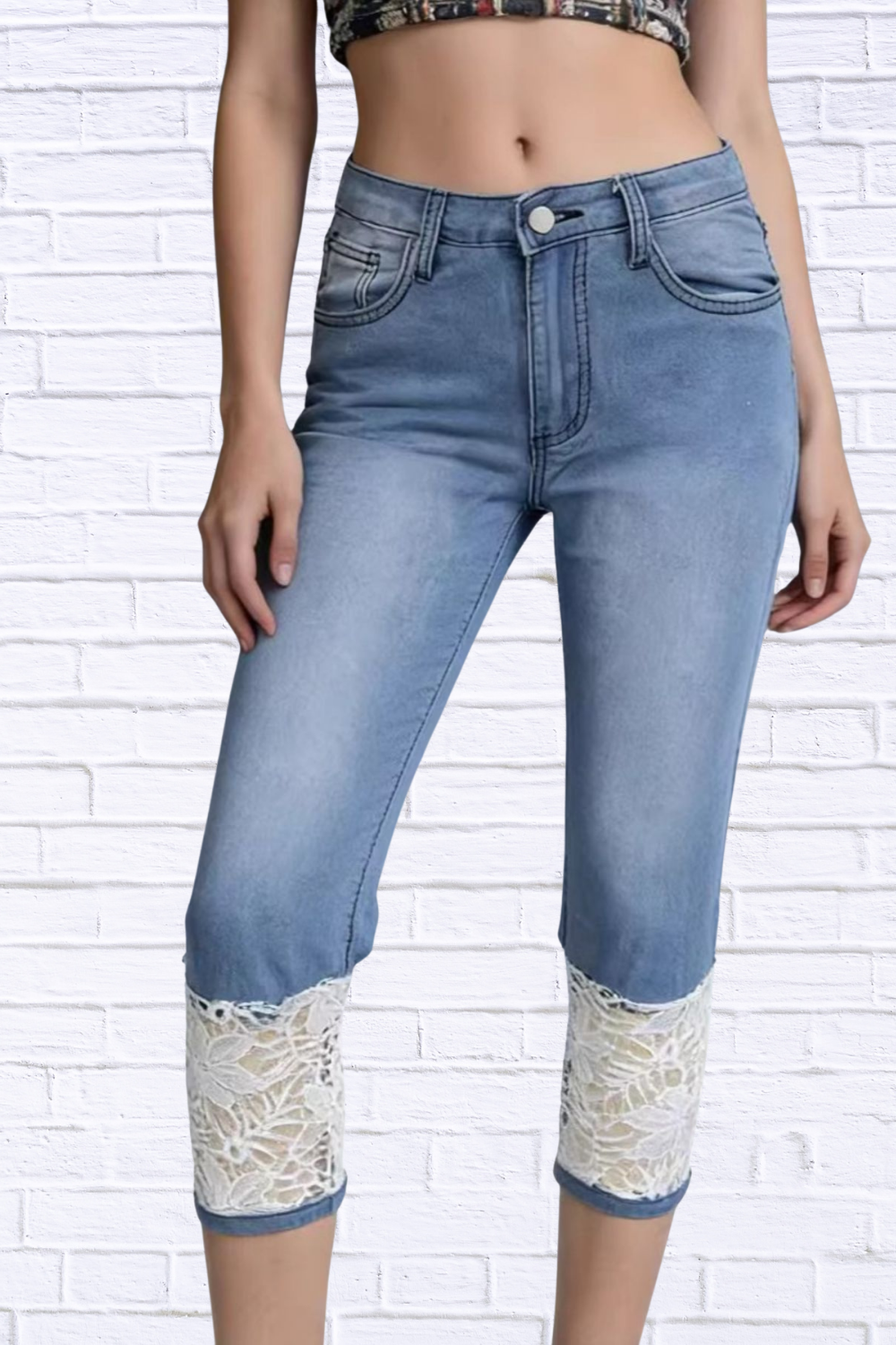 Full Size Lace Trimmed Capri Jeans Plus Size